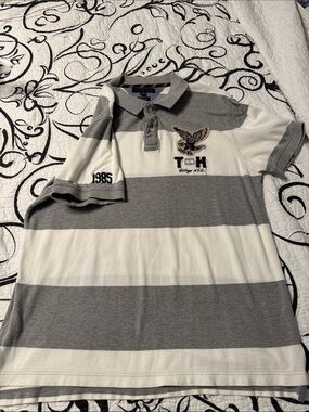 Tommy Hilfiger Gray and White Striped Polo Shirt